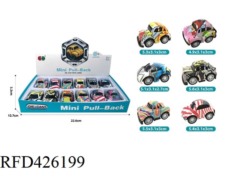 MIER Q VERSION GRAFFITI PULL BACK ALLOY CAR 12PCS (6 STYLES AND 6 COLORS MIXED)