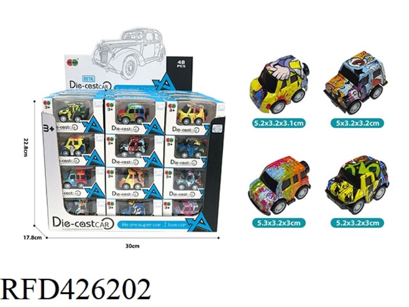 48PCS DISPLAY BOX MIER Q VERSION GRAFFITI PULL BACK ALLOY CAR (4 STYLES AND 4 COLORS MIXED)