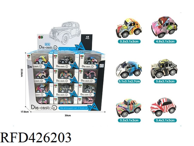 48PCS DISPLAY BOX MIER Q VERSION GRAFFITI PULL BACK ALLOY CAR (6 STYLES AND 6 COLORS MIXED)