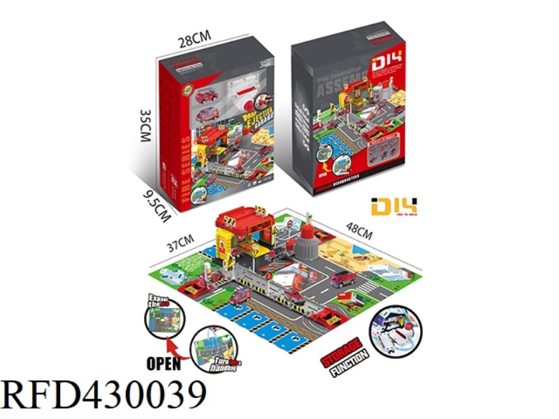 EJECTION FIRE PARKING LOT WITH NON-WOVEN STORAGE MAP WITH 2 ALLOY FIRE TRUCKS