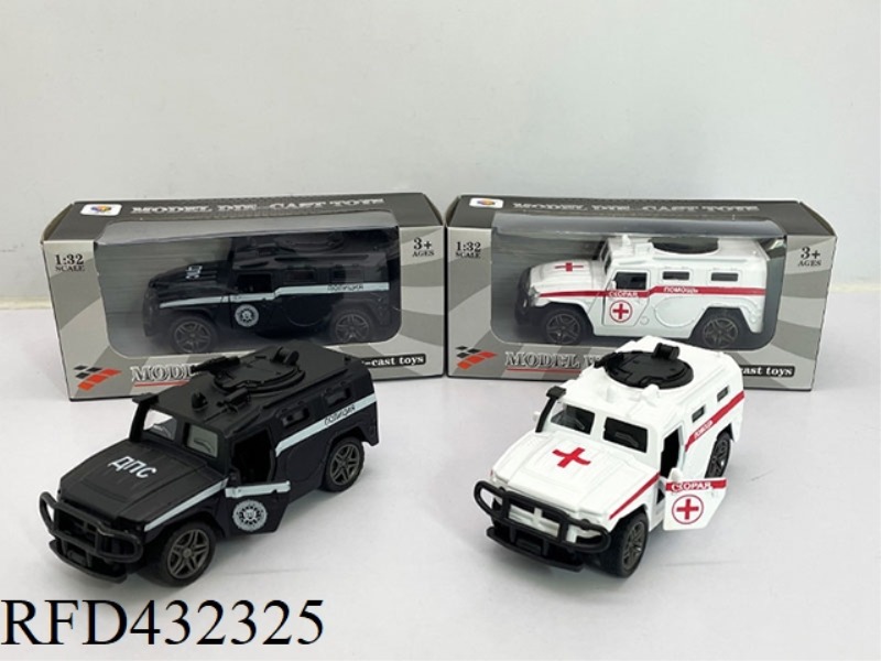 1:32 SIMULATION OF OPENING 2 RUSSIAN MILITARY VEHICLES PULL BACK ALLOY POLICE CAR