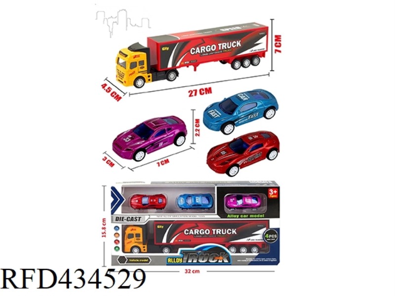HUILI ALLOY CONTAINER TRUCK + 3 HUILI ALLOY RACING CAR