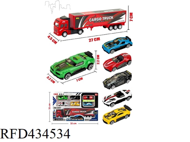 HUILI ALLOY CONTAINER TRUCK + 6 SLIDING ALLOY RACING CAR