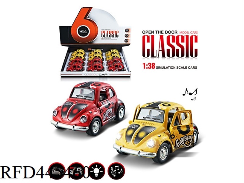 1: 38Q VERSION OF BEETLE ALLOY PULL BACK 2 DOOR GRAFFITI CLASSIC CAR WITH LIGHTS, MUSIC 1 STYLE 2 CO