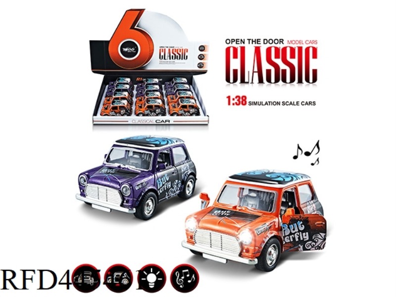 1: 38Q VERSION MINI ALLOY PULL BACK 2 DOOR GRAFFITI CLASSIC CAR WITH LIGHTS, MUSIC 1 STYLE 2 COLOR M