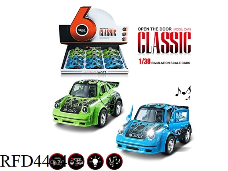 1: 38Q VERSION OF SMALL PORSCHE ALLOY PULL BACK 2 DOOR GRAFFITI CLASSIC CAR WITH LIGHTS, MUSIC 1 MOD