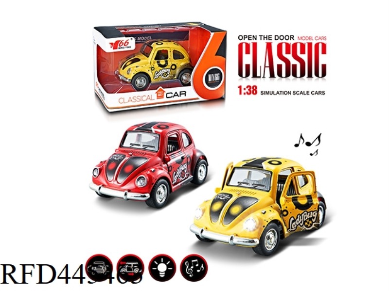 1: 38Q VERSION OF BEETLE ALLOY PULL BACK 2 DOOR GRAFFITI CLASSIC CAR WITH LIGHTS, MUSIC 1 STYLE 2 CO