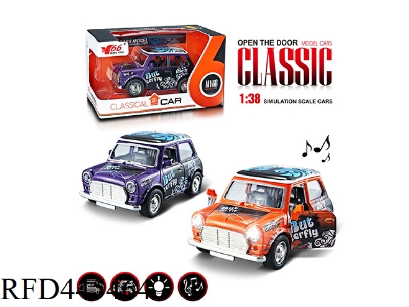 1: 38Q VERSION MINI ALLOY PULL BACK 2 DOOR GRAFFITI CLASSIC CAR WITH LIGHTS, MUSIC 1 STYLE 2 COLOR M