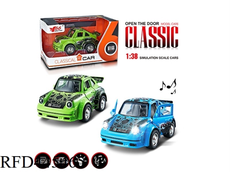 1: 38Q VERSION OF SMALL PORSCHE ALLOY PULL BACK 2 DOOR GRAFFITI CLASSIC CAR WITH LIGHTS, MUSIC 1 MOD