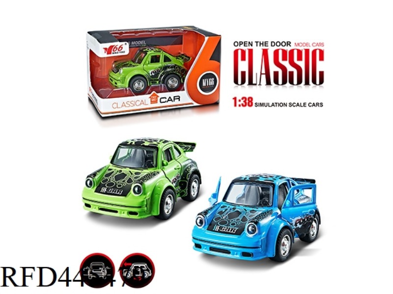 1: 38Q VERSION OF SMALL PORSCHE ALLOY PULL BACK 2 DOOR GRAFFITI CLASSIC CAR 1 2 COLOR MIXED