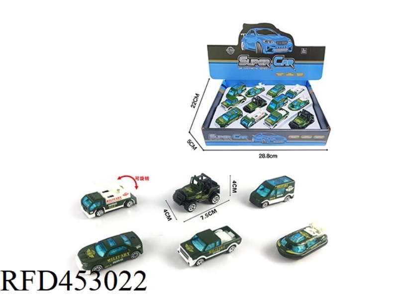 12PCS 1:64 ALLOY SLIDING MILITARY VEHICLE DISPLAY BOX
(6 MIXED PACKS)