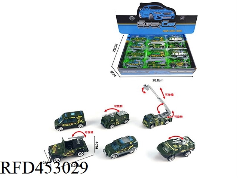 12PCS 1:55 ALLOY SLIDING MILITARY VEHICLE DISPLAY BOX
(6 MIXED PACKS)