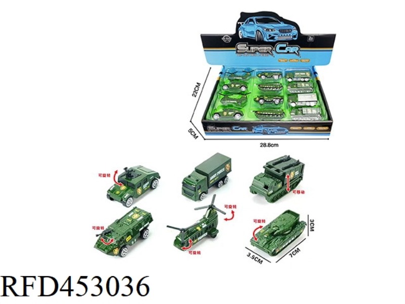 12PCS 1:64 ALLOY SLIDING MILITARY VEHICLE DISPLAY BOX
(6 MIXED PACKS)