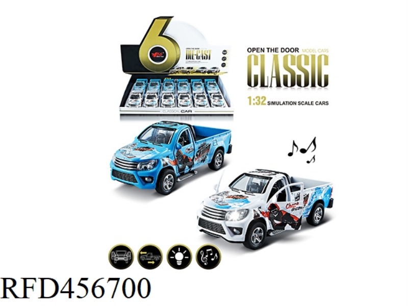 1:32 GRAFFITI TOYOTA PICKUP ALLOY PULL BACK DOOR CAR WITH LIGHT AND MUSIC 1 MODEL 2 COLORS 12PCS