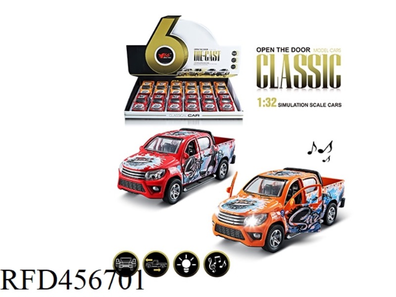 1:32 GRAFFITI TOYOTA PICKUP ALLOY PULL BACK 2-DOOR CAR WITH LIGHT AND MUSIC 1 MODEL 2 COLORS 12PCS