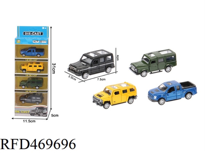 1:60 ALLOY PULL BACK DOUBLE DOOR OFF-ROAD VEHICLE (4 MIXED/DISPLAY BOX 4 PACK)