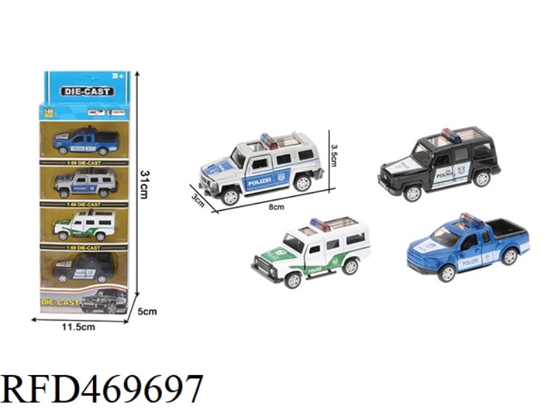1:60 ALLOY PULL BACK DOUBLE DOOR OFF-ROAD POLICE CAR (4 MIXED/DISPLAY BOX 4 PACK)