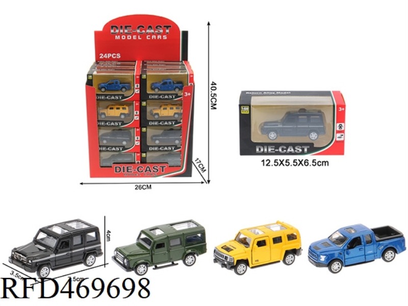 1:60 ALLOY PULL BACK DOUBLE DOOR OFF-ROAD VEHICLE (4 MIXED/DISPLAY BOX 24 PACKS)