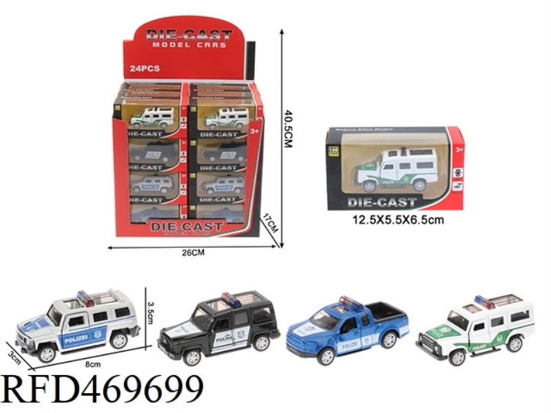 1:60 ALLOY PULL BACK DOUBLE DOOR OFF-ROAD POLICE VEHICLE (4 MIXED/DISPLAY BOX 24 PACKS)
