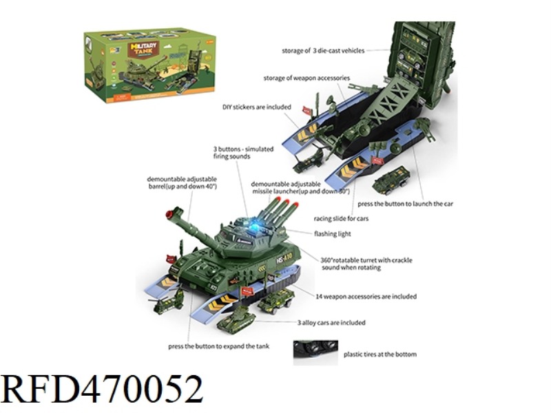 2-IN-1 GREEN STORAGE DEFORMATION TANK CAN LAUNCH MISSILES - WITH SOUND AND LIGHT (3 ALLOY CARS ARE E