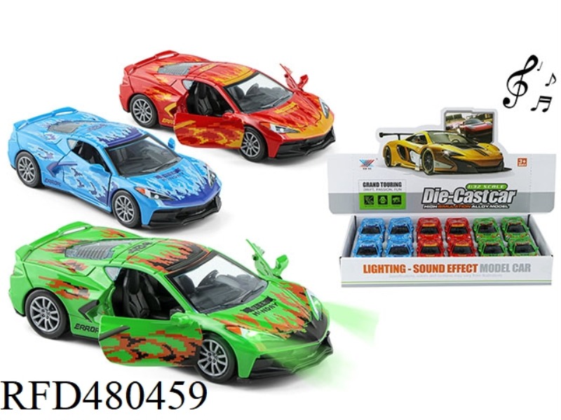 1:32 ALLOY CAR C8 INDIAN FIRE DRAGON OPEN DOOR PULL BACK LIGHT AND MUSIC (12 PACK)