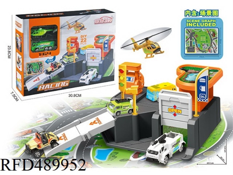 ALLOY GAS STATION PARKING SET (WITH 1 GOLD PLANE + 1 ALLOY CAR) 24PCS