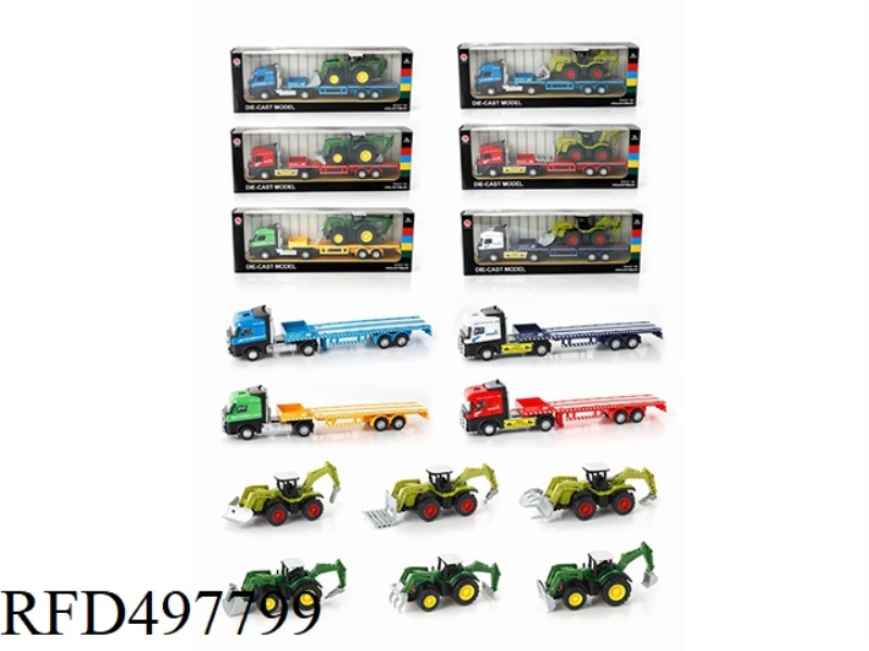 1:60 INERTIA ALLOY MODEL LARGE FLAT CAR + TWO BUSY FARMER'S CAR