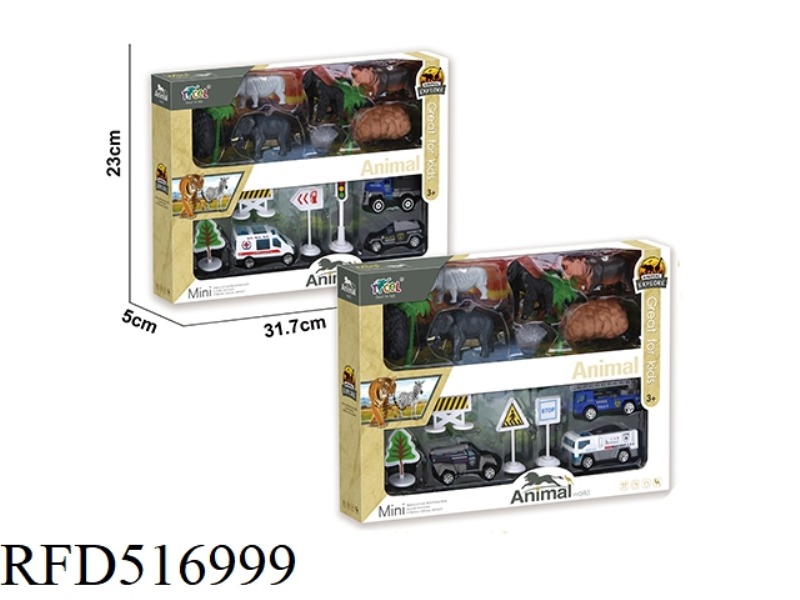 < ALLOY POLICE ANIMAL WORLD > 6 SIMULATED ANIMALS WITH POLICE SIGNPOST F MODEL