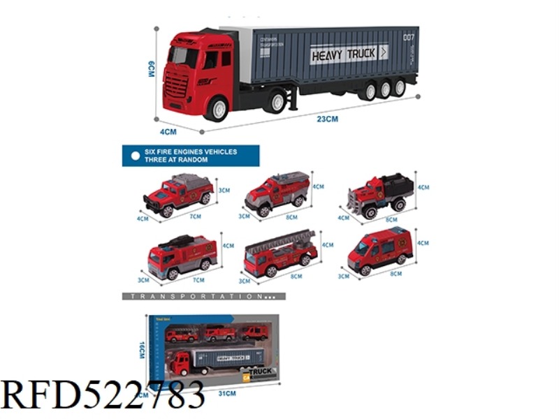 ALLOY TRACTOR CONTAINER TRUCK +3 ALLOY FIRE TRUCKS