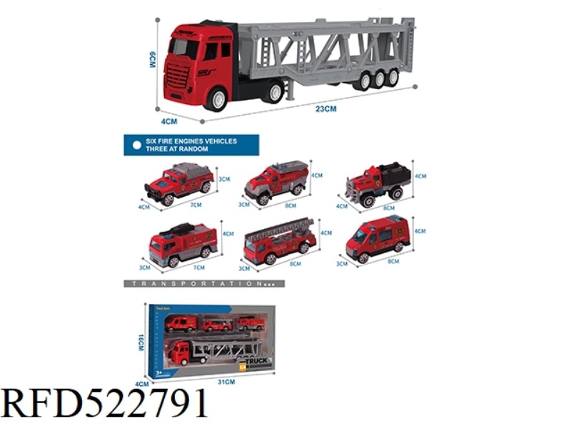 ALLOY TRACTOR TRAILER +3 ALLOY FIRE TRUCKS