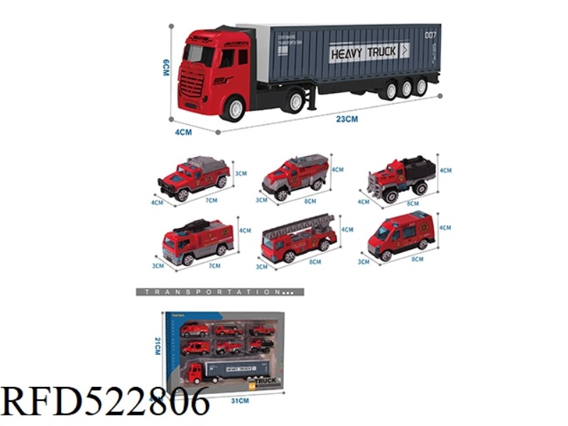 ALLOY TRACTOR CONTAINER TRUCK +6 ALLOY FIRE TRUCKS