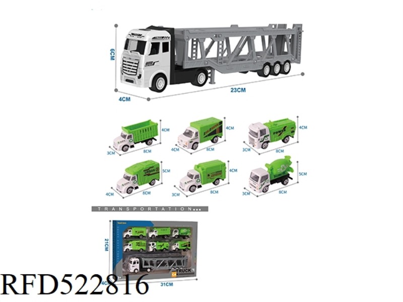 ALLOY TRACTOR TRAILER CAR +6 ALLOY SANITATION CAR