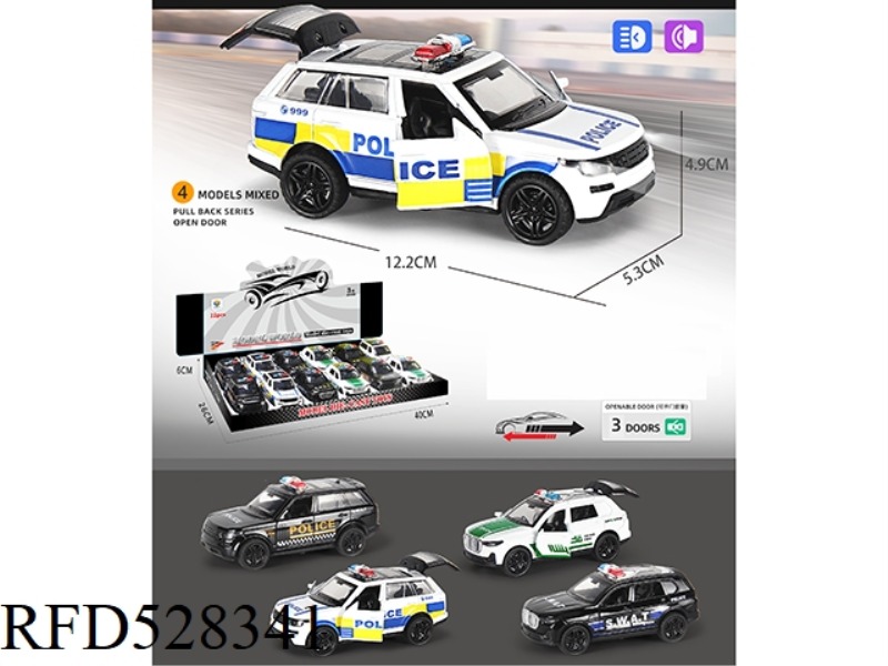 1:32 SIMULATION OFF-ROAD POLICE CAR OPEN THREE-DOOR BOOMERANG ALLOY CAR WITH LIGHTS AND MUSIC 12PCS