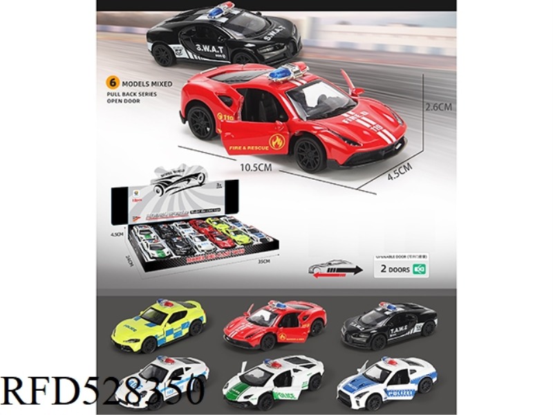 1:42 SIMULATION OF 6 MIXED OPEN TWO-DOOR BOOMERANG ALLOY POLICE CARS 12PCS