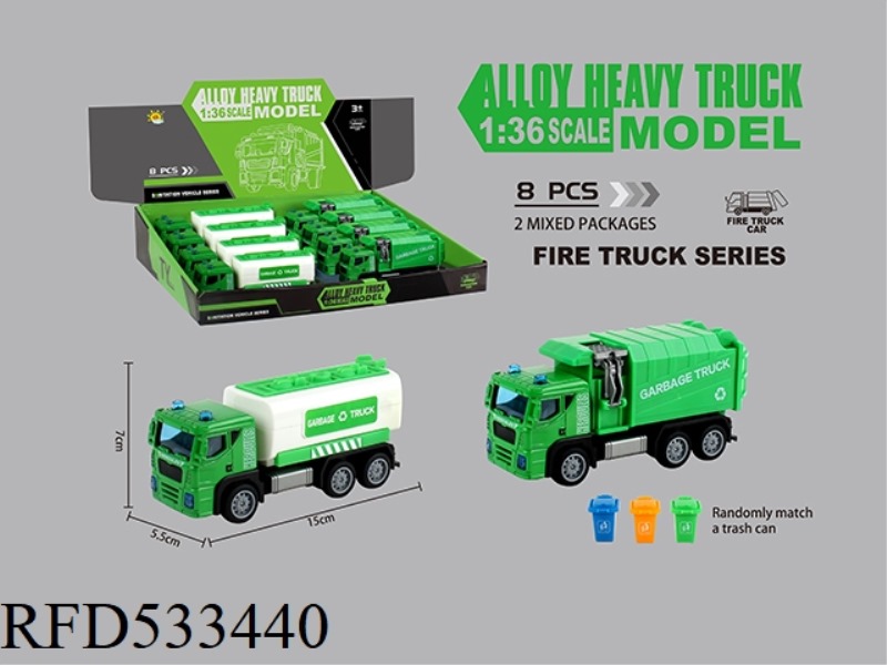 ALLOY SANITATION REBOUND CAR (SANITATION CAR + CLEANING CAR + TRASH CAN) 8PCS
