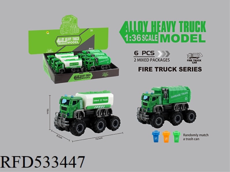 ALLOY SANITATION OFF-ROAD DUAL INERTIA CAR (CLEANING CAR + SANITATION CAR + TRASH CAN) 6PCS