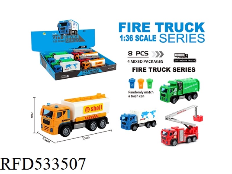 PLASTIC CITY REBOUND CAR (TANK CAR + SANITATION CAR + CONTAINER CAR + RESCUE CAR + TRASH CAN) 8PCS