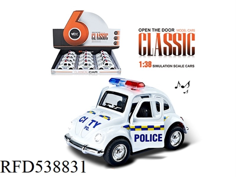 1:38 Q VERSION BEETLE ALLOY BOOMERANG 2 OPEN DOOR POLICE CAR WITH LIGHTS AND MUSIC 12PCS