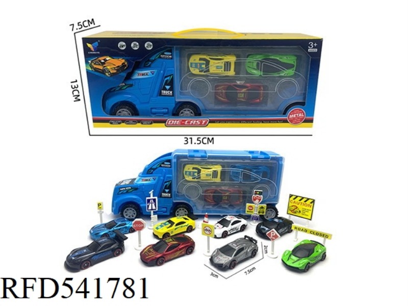 INERTIAL CONTAINER TRACTORS +3 ALLOY RACING CARS (WITH SIGNPOST)