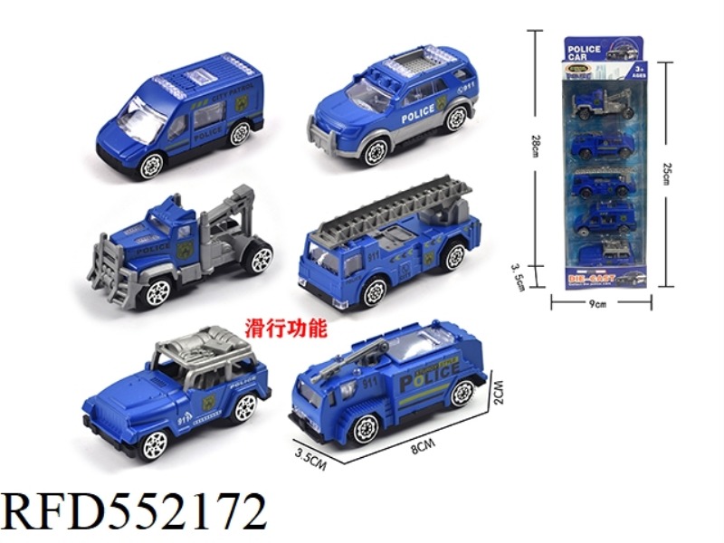 FIVE SLIDING ALLOY POLICE CARS