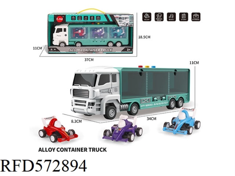 ACOUSTO-OPTIC SLIDING CONTAINER TRUCK WITH 3 ALLOY PULL-BACK F1 EQUATION CARS