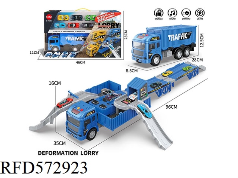 SLIDING DEFORMATION TRACK EJECTION CONTAINER STORY CAR WITH 6 ALLOY CAR BLUE