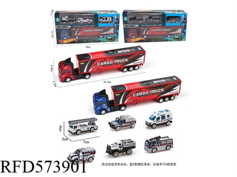 1 PULL-BACK ALLOY CONTAINER TRUCK +3 TAXI ALLOY POLICE CAR