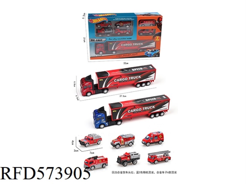 1 PULL-BACK ALLOY CONTAINER TRUCK +6 SLIDING ALLOY FIRE TRUCK