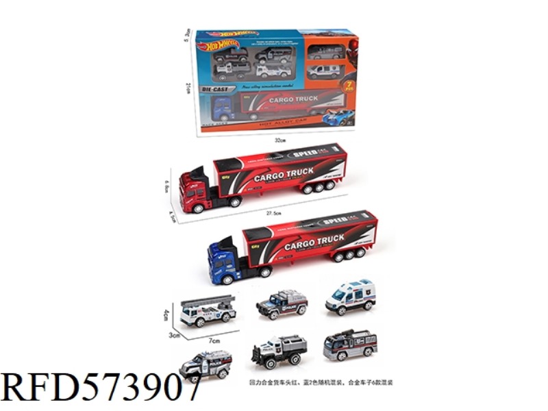 1 PULL-BACK ALLOY CONTAINER TRUCK +6 TAXI ALLOY POLICE CAR
