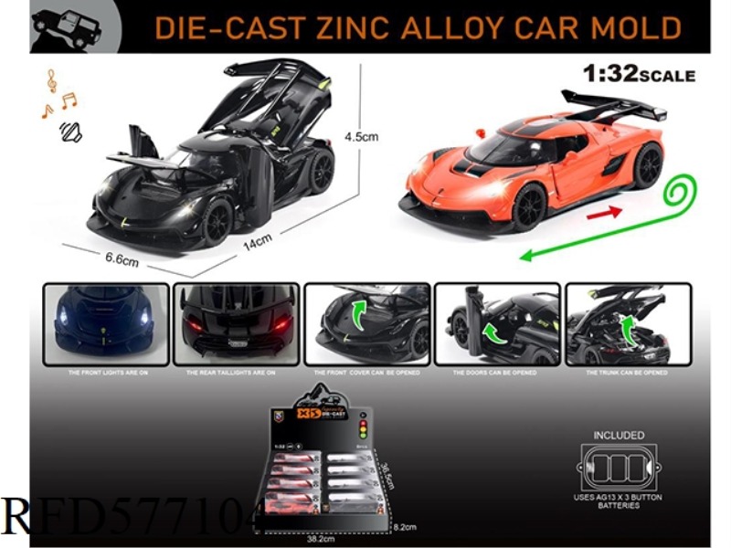 ENGLISH 1:32 DIE CAST ZINC ALLOY LIGHT SOUND KOENIGSEGG MODEL 8 PIECES/DISPLAY BOX