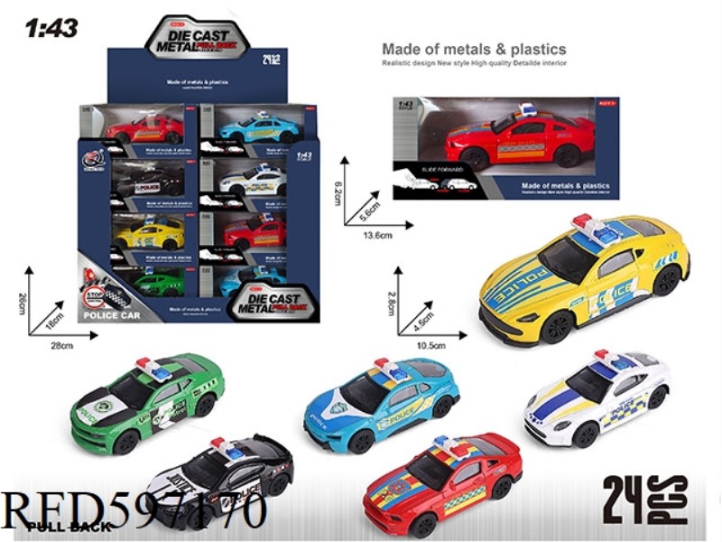 1:43 WARRIOR POLICE CAR ALLOY CAR (24 PACKS) 6 MODELS MIXED.