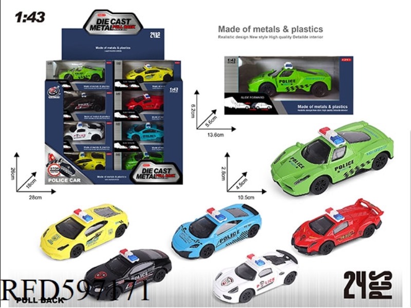 1:43 WARRIOR POLICE CAR ALLOY CAR (24 PACKS) 6 MODELS MIXED.