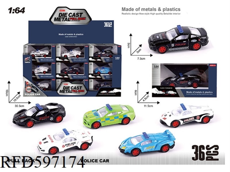 1:64 PULL-BACK ALLOY CAR (36 PCS/BOX) 6 MODELS OF POLICE CAR SERIES MIXED.