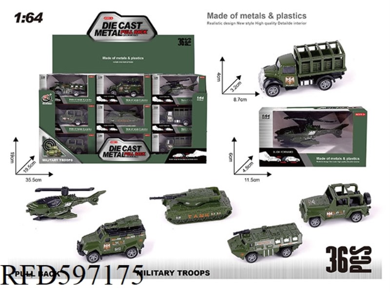 1:64 PULL-BACK ALLOY CAR (36 PCS/BOX) 6 MILITARY SERIES MIXED.